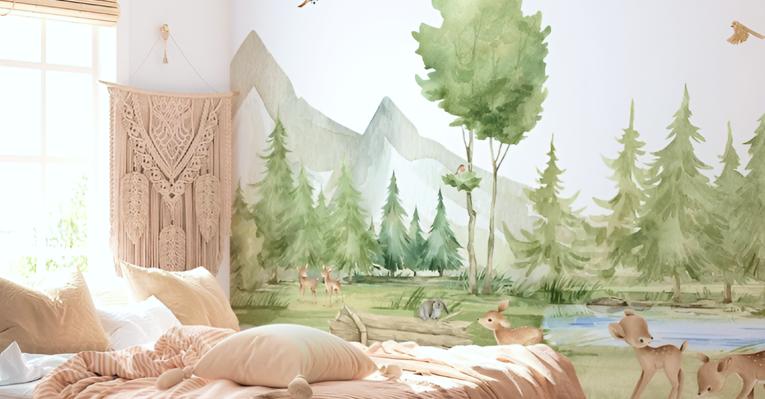 Mountain with Tropical themed wallpaper perfect for kids room